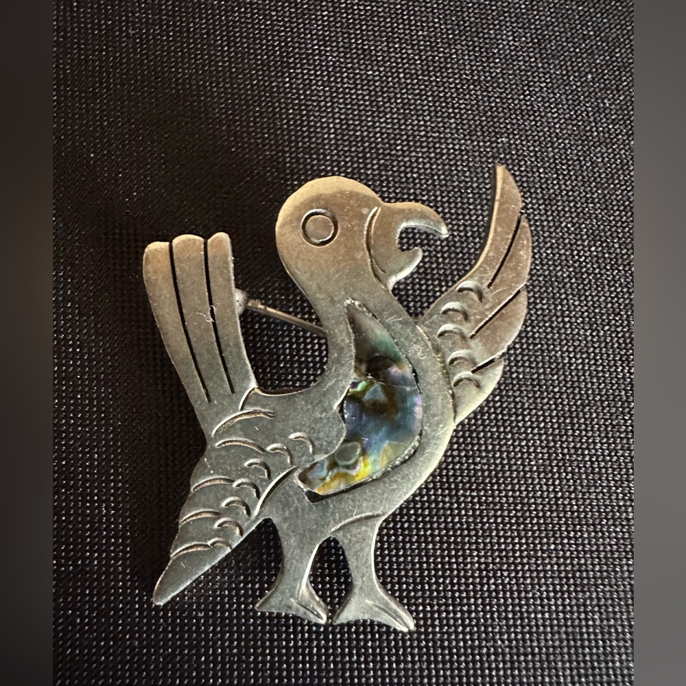 VINTAGE STERLING SILVER & ABALONE INLAY BIRD BROOCH